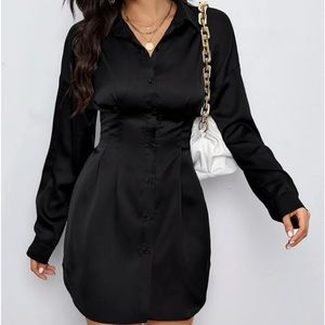 Pleated Waist Detail Satin Shirt Dress